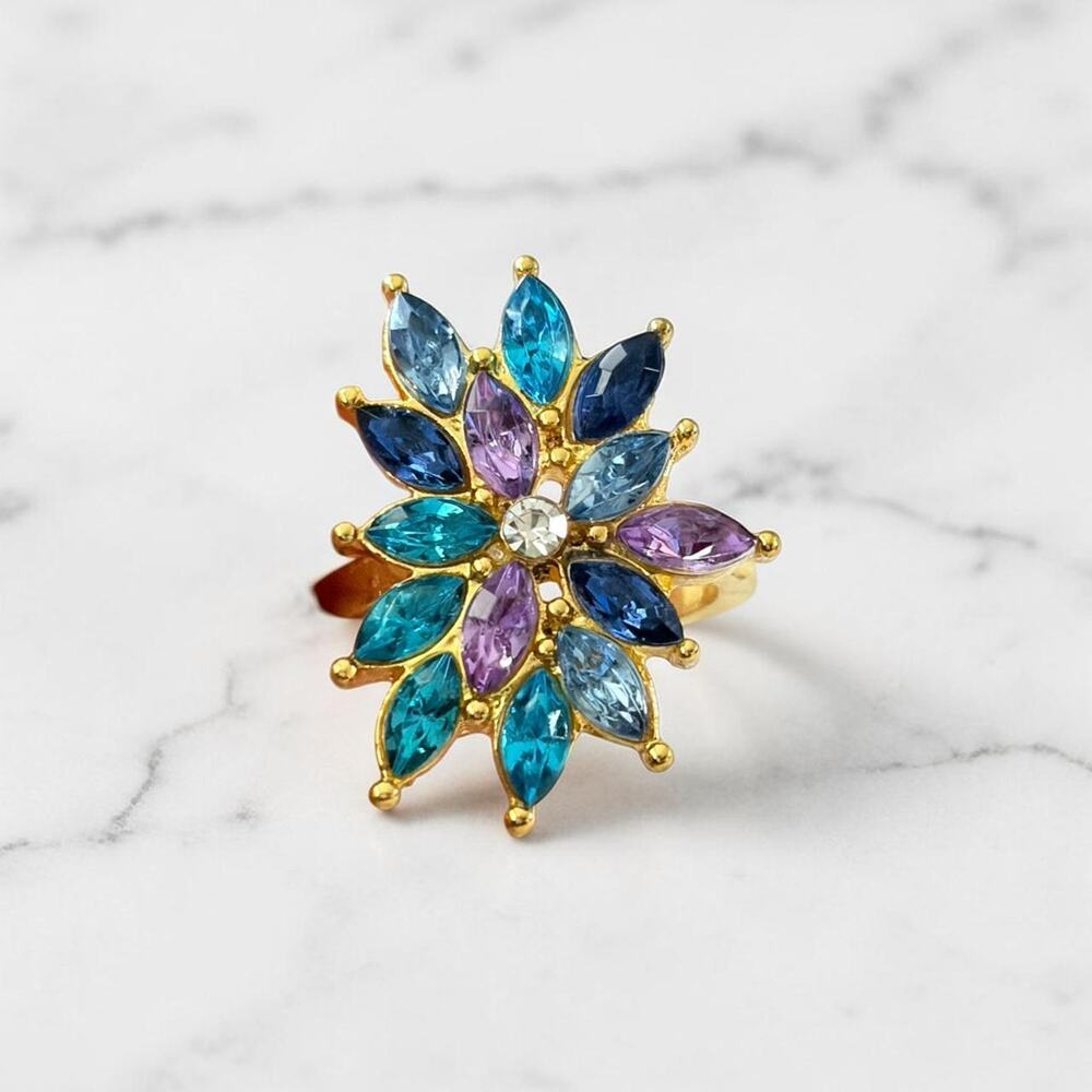 Vintage Inspired Colorful Crystal Flower Cocktail Style Ring Size 6 New